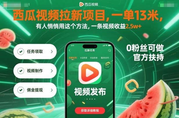 西瓜视频拉新项目，一单13米，有人悄悄用这个方法，一条视频收益2.5w+(附详细教程)-柒浠资源网