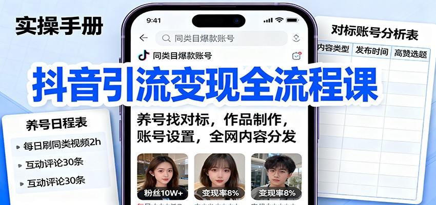 抖音引流变现全流程课：养号找对标，作品制作，账号设置，全网内容分发-柒浠资源网