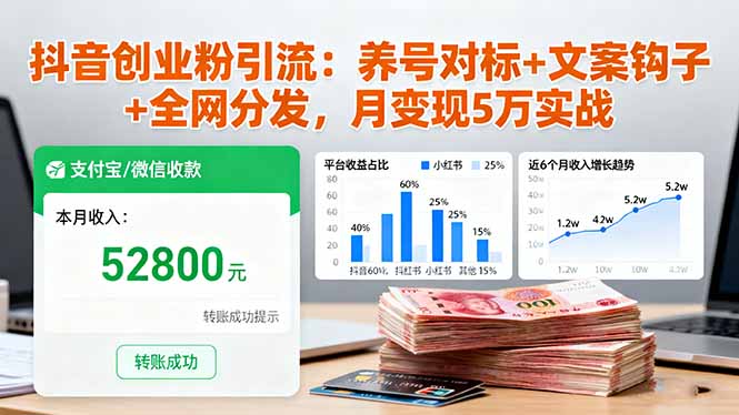 抖音创业粉引流：养号对标+文案钩子+全网分发，月变现5万实战-柒浠资源网