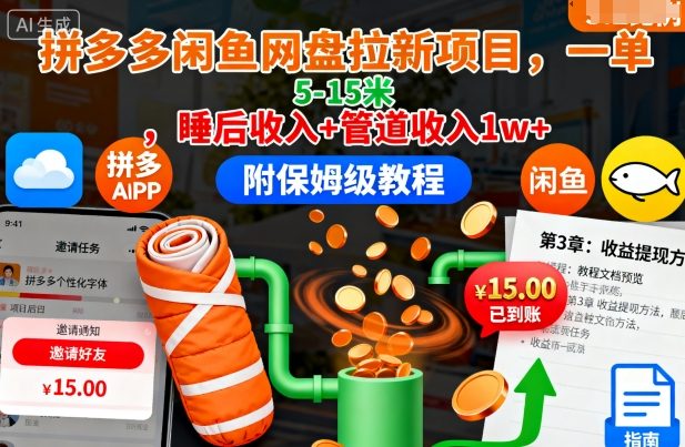 拼多多闲鱼网盘拉新项目，一单5-15米，睡后收入+管道收入1w+(附保姆级教程)-柒浠资源网