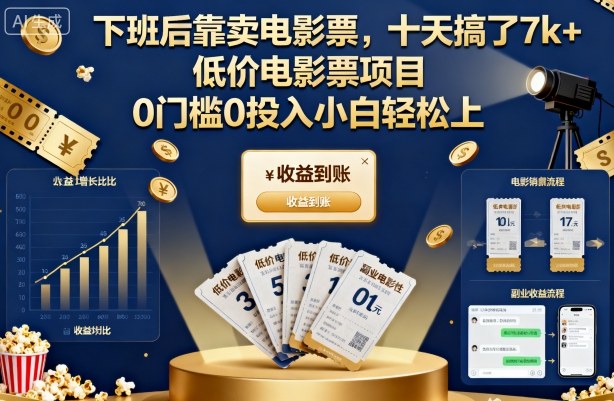 下班后靠卖电影票，十天搞了7k+，低价电影票项目，0门槛0投入小白轻松上手【揭秘】-柒浠资源网