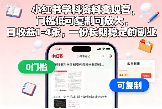 小红书学科资料变现营，门槛低可复制可放大，日收益1-4张，一份长期稳定的副业-柒浠资源网