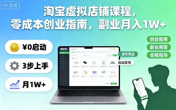 淘宝虚拟店铺课程，零成本创业指南，副业月入1W+-柒浠资源网