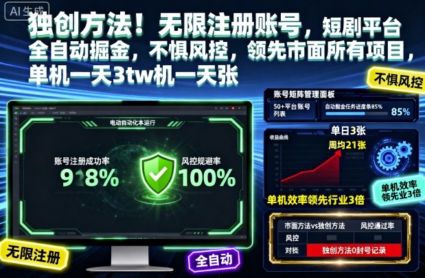独创方法！无限注册账号，短剧平台全自动掘金，不惧风控，领先市面所有项目，单机一天3张【揭秘】-柒浠资源网