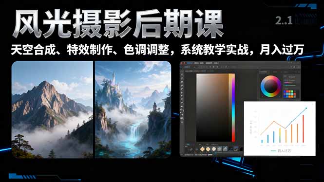 风光摄影后期课，一键换天空合成、特效制作、色调调整，月入过万-柒浠资源网