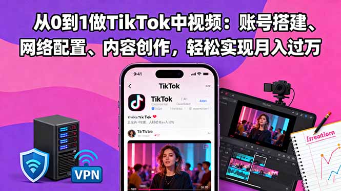 从0到1做TikTok中视频：账号搭建、网络配置、内容创作，轻松实现月入过万-柒浠资源网