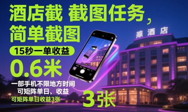 酒店截图任务，简单截图，15秒一单收益0.6米，一部手机不限地方时间，可矩阵单日收益3张【揭秘】-柒浠资源网