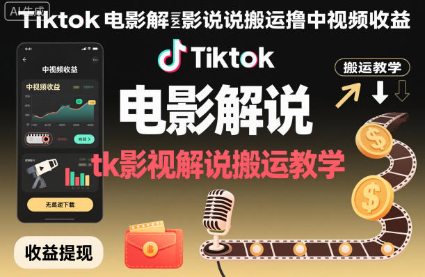 Tiktok电影解说搬运撸中视频收益，tk影视解说搬运教学-柒浠资源网