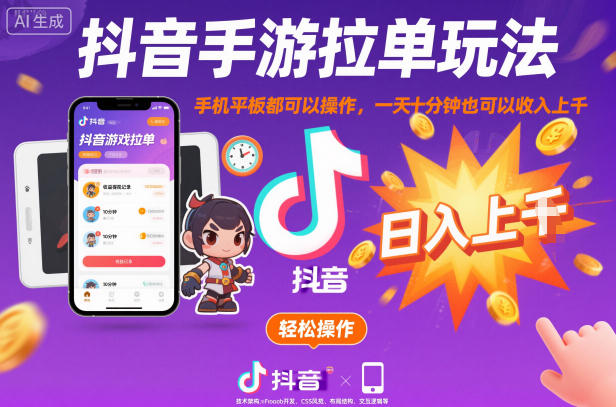 抖音手游拉单玩法，手机平板都可以操作，一天十分钟也可以收入上K【揭秘】-柒浠资源网