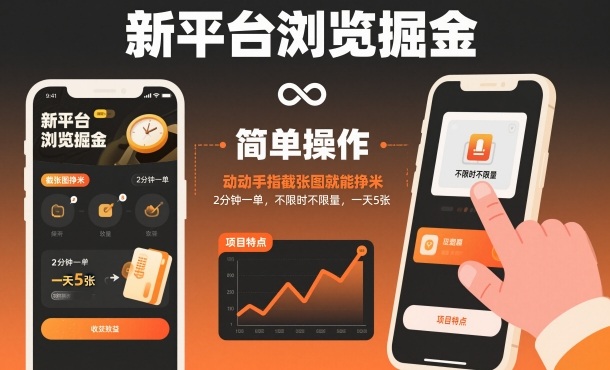 新平台浏览掘金，动动手指截张图就能挣米，2分钟一单，不限时不限量，一天5张【揭秘】-柒浠资源网