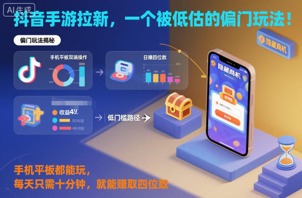 抖音手游拉新，一个被低估的偏门玩法！手机平板都能玩，每天只需十分钟，就能賺取四位数【揭秘】-柒浠资源网