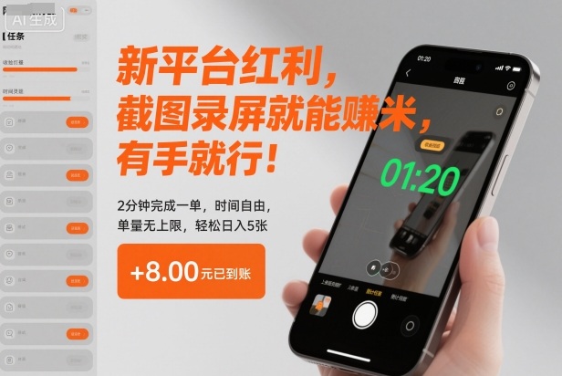 新平台红利，截图录屏就能賺米，有手就行！2分钟完成一单，时间自由，单量无上限，轻松日入5张【揭秘】-柒浠资源网