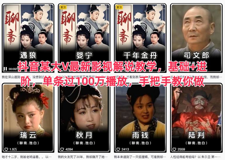 抖音某大V最新影视解说教学，基础+进阶，单条过100万播放，手把手教你做-柒浠资源网