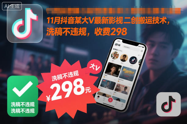 11月抖音某大V最新影视二创搬运技术，洗稿不违规，收费298-柒浠资源网