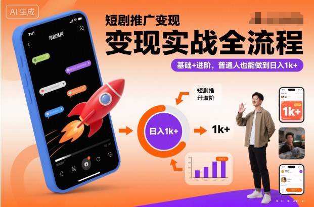 短剧推广变现实战全流程，基础+进阶，普通人也能做到日入1k+-柒浠资源网