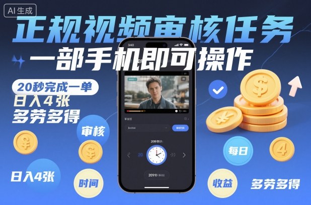 正规视频审核任务,一部手机即可操作,20秒完成一单,日入4张,多劳多得【揭秘】-柒浠资源网