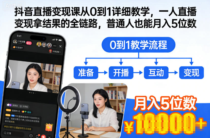 抖音直播变现课从0到1详细教学，一人直播变现拿结果的全链路，普通人也能月入5位数-柒浠资源网