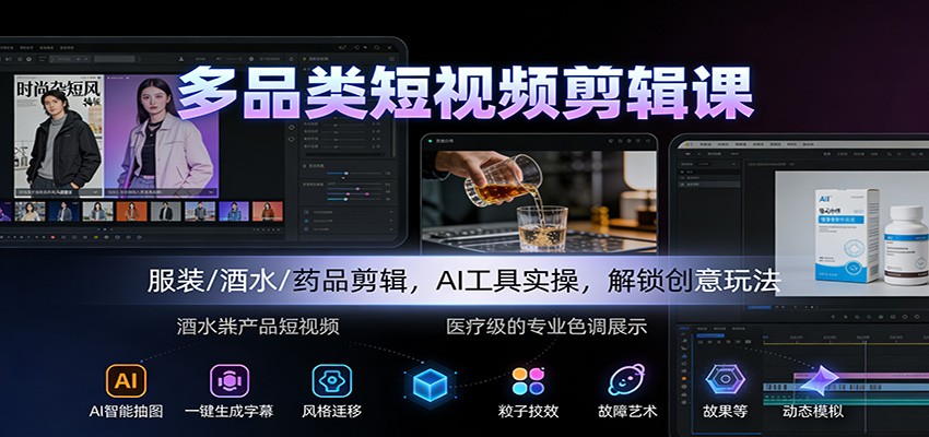 多品类短视频剪辑课:服装/酒水/药品剪辑,AI工具实操,解锁创意玩法-柒浠资源网