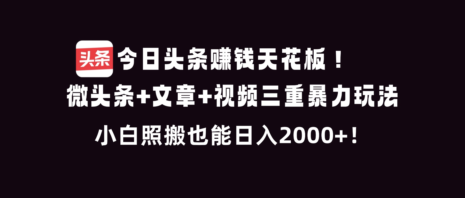 今日头条赚钱天花板！微头条+文章+视频三重暴利玩法，小白照搬也能日人2000+-柒浠资源网