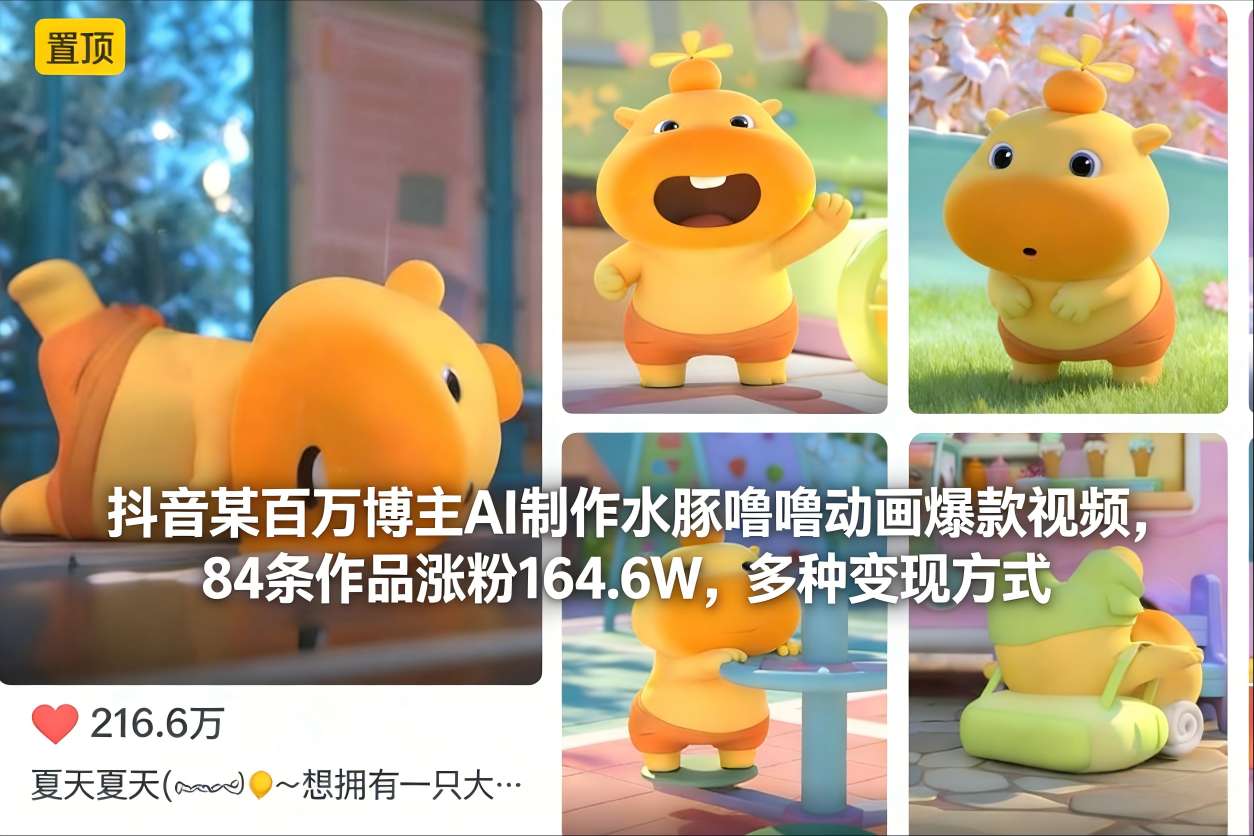 抖音某百万博主AI制作水豚噜噜动画爆款视频，84条作品涨粉164.6W，多种变现方式-柒浠资源网