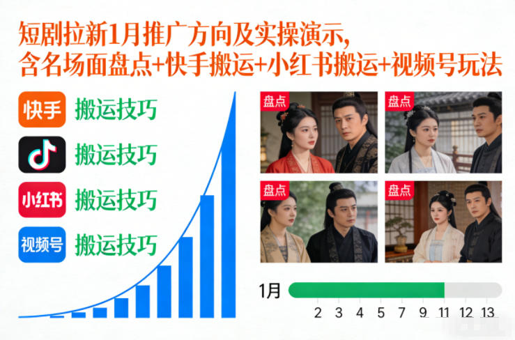 短剧拉新1月推广方向及实操演示,含名场面盘点+快手搬运+小红书搬运+视频号玩法-柒浠资源网