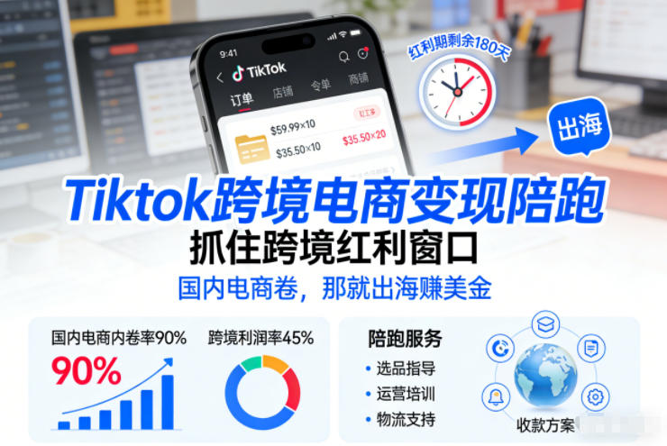 Tiktok跨境电商变现陪跑，抓住跨境红利窗口，国内电商卷，那就出海賺美金-柒浠资源网