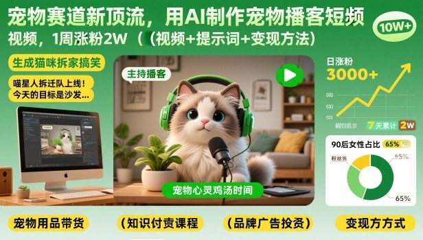 宠物赛道新顶流，用AI制作宠物播客短视频，1周涨粉2W(视频+提示词+变现方法)-柒浠资源网