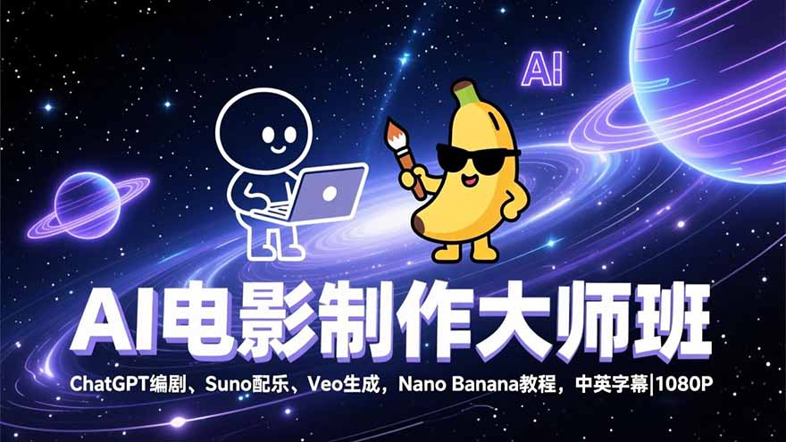 AI电影制作大师班：ChatGPT编剧、Suno配乐、Veo生成，Nano Banana教程，中英字幕|1080P-柒浠资源网