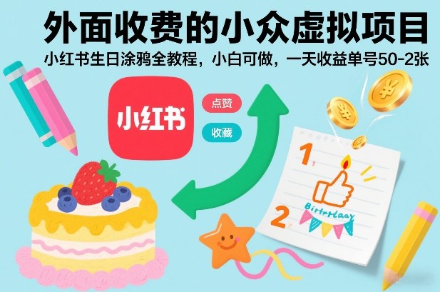 外面收费的小众虚拟项目，小红书生日涂鸦全教程，小白可做，一天收益单号50-2张-柒浠资源网