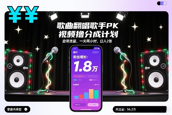 歌曲翻唱歌手PK视频撸分成计划，自带流量，一天两小时，日入2张-柒浠资源网