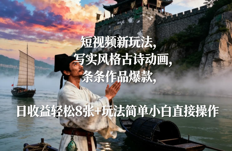 短视频新玩法，写实风格古诗动画，条条作品爆款，日收益轻松8张+玩法简单小白直接操作-柒浠资源网
