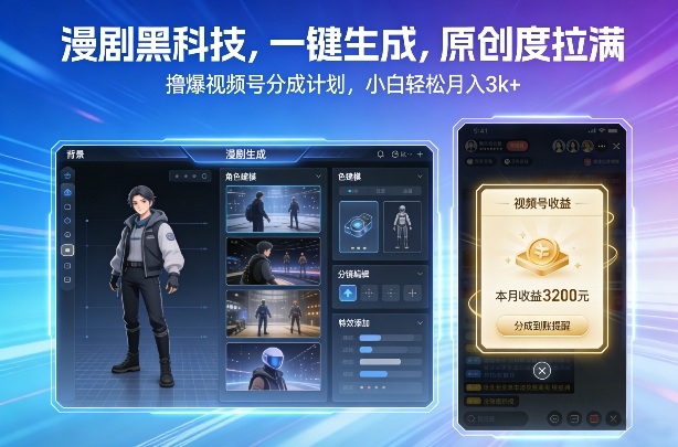 漫剧黑科技，一键生成，原创度拉满，撸爆视频号分成计划，小白轻松月入3k+-柒浠资源网