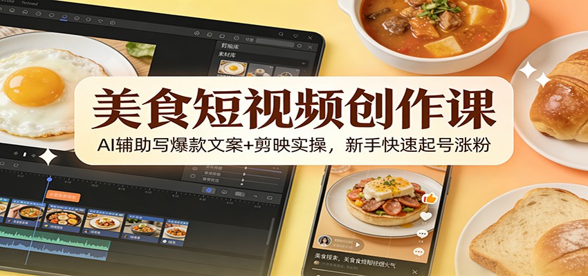 美食短视频创作课：AI辅助写爆款文案+剪映实操，新手快速起号涨粉-柒浠资源网