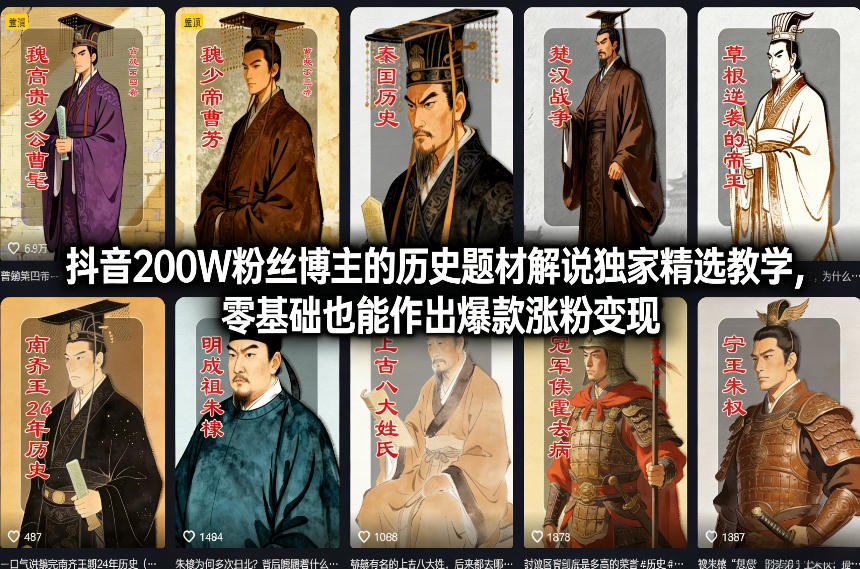 抖音200W粉丝博主的历史题材解说独家精选教学，零基础也能作出爆款涨粉变现-柒浠资源网