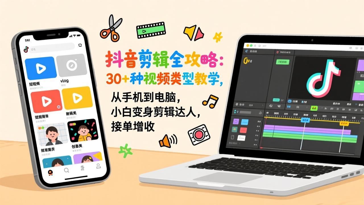 抖音剪辑全攻略：30+种视频类型教学，从手机到电脑，小白变身剪辑达人，接单增收-柒浠资源网