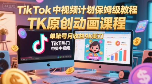 TikTok中视频计划保姆级教程，TK原创动画课程，单账号月收益4k美刀-柒浠资源网
