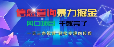 信息查询暴力掘金,一天三条视频,轻松变现四位数,风口项目干就完了【揭秘】