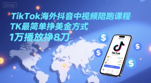 TikTok海外抖音中视频陪跑课程，TK最简单挣美金方式，1万播放挣8刀-柒浠资源网