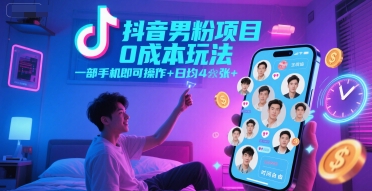 抖音男粉项目0成本玩法，一部手机即可操作，日均4张+，时间自由-柒浠资源网