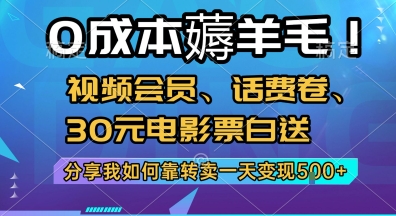 0成本薅羊毛!视频会员、话费卷、30元电影票白送，分享我如何靠转卖一天变现5张+【揭秘】-柒浠资源网