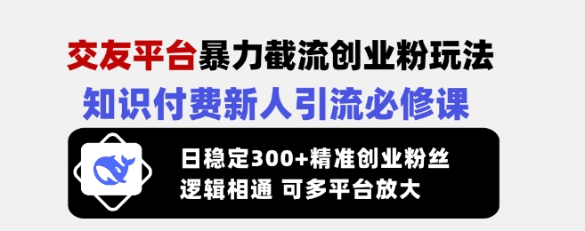 交友平台暴力截流创业粉玩法，知识付费新人引流必修课，日稳定300+精准创业粉丝，逻辑相通可多平台放大-柒浠资源网
